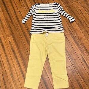 LOFT Sz L Navy & Yellow Striped Top with New Sz 14 Yellow The Slim Pants